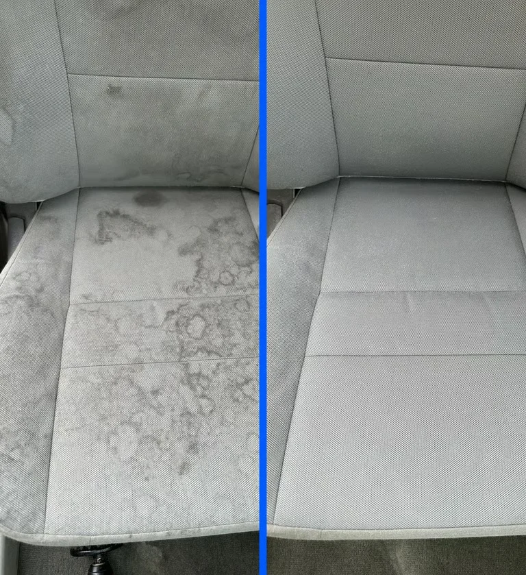 Before and after cloth seat stain removal from car interior
